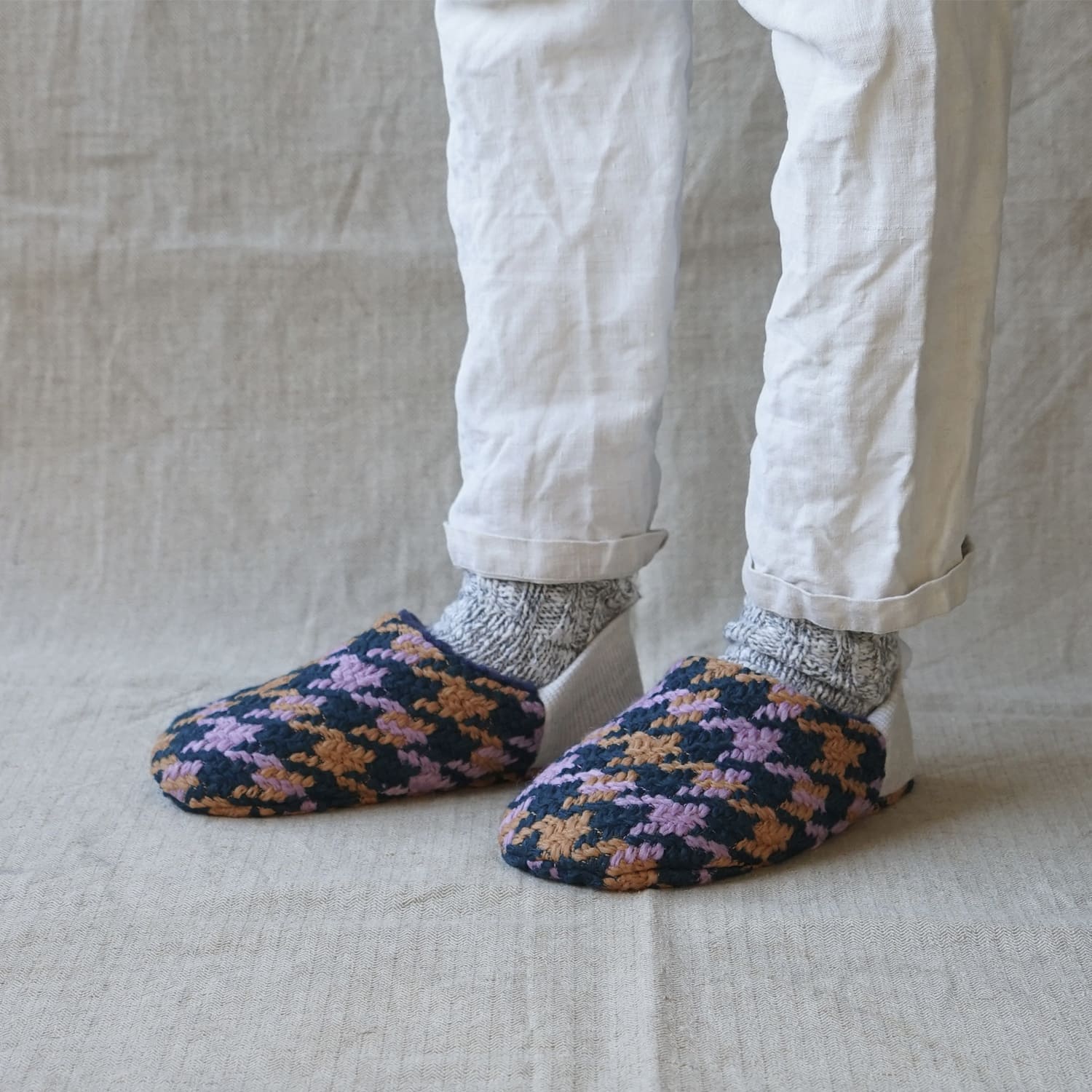 Reversible Slippers Hound Check and Boa Pile - Blue